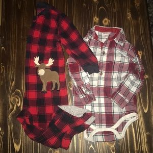 Bundle 🎄 2 Fleece PJs & Plaid Button Onesie!